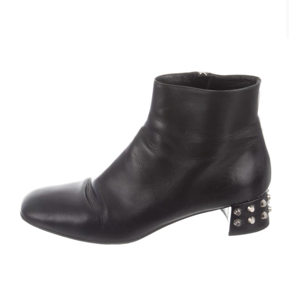 Prada Black Leather Ankle Boots with Studded Heel